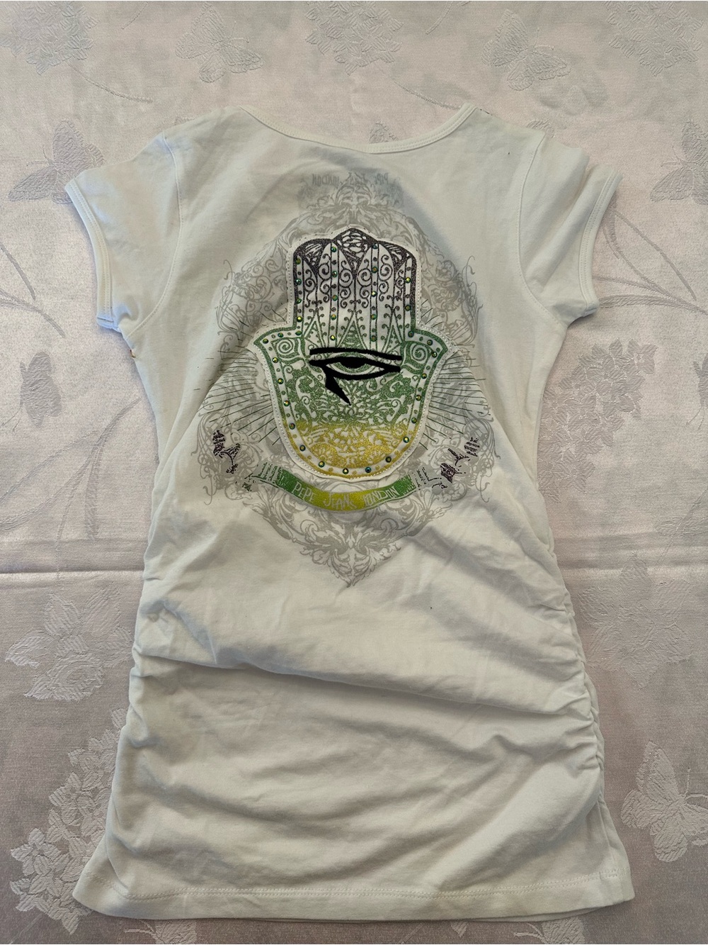 Pepe Jeans London White Hamsa Rhinestone Graphic Tee Y2K Size S
